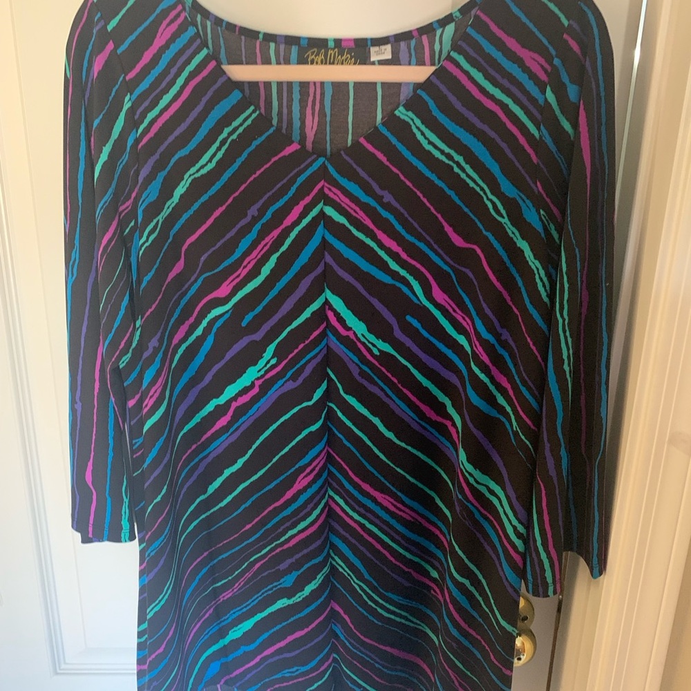 Bob Mackie Black Tunic with Purple, Blue, and Green Stripes in Chevron Pattern